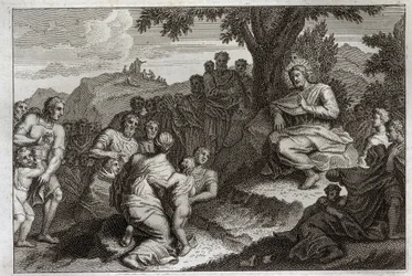 Royaumont Bible, New Testament: Sermon on the Mount. Jesus Christ chooses twelve Apostles from his disciples, and delivers the Sermon on the Mount. Illustration from 1811