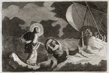 Royaumont Bible, New Testament: St. Peter walks on water. Jesus Christ walks on the sea, and makes Saint Peter walk there. Illustration from 1811