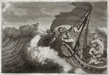 Royaumont Bible, New Testament: Tempest Calmed. The Apostles Awaken Jesus Christ Who Calms the Sea of Galilee. Illustration from 1811