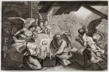 Royaumont Bible, New Testament: The Nativity. Jesus Christ was born from the Blessed Virgin Mary in a stable in Bethlehem. Illustration from 1811