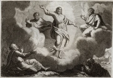 Royaumont Bible, New Testament: The Transfiguration of Jesus Christ. Christ surrounds Moses and Elijah with below the apostle Saint John, Peter and James. Illustration from 1811.