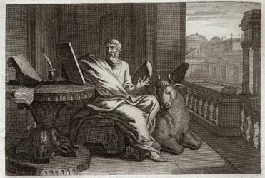 Royaumont Bible, New Testament: The evangelist Saint Luke with the bull. Illustration from 1811.