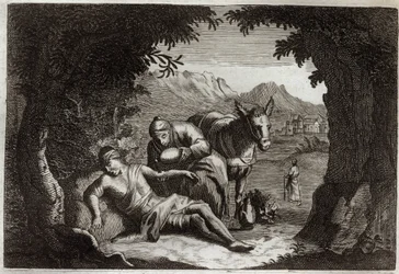 Royaumont Bible, New Testament: The parable of the Good Samaritan. The Samaritan stopped on his way to rescue the man in distress. Illustration from 1811.