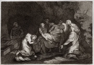 Royaumont Bible, New Testament: Tomb. Sepulchre of Jesus Christ. Among the characters surrounding the body of Jesus Christ: the Virgin Mary, Saint Nicodemus, Saint Joseph of Arimathea, Saint John the Evangelist, and Saint Mary Magdalene. Illustration from 