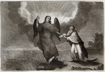 Royaumont Bible, New Testament: Vision of Saint John. Vision of the Angel with an Open Book gives Saint John to devour it. Illustration from 1811.