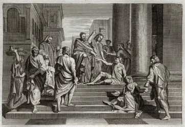 Royaumont Bible, New Testament: War of the lame. Saint Peter, accompanied by Saint John, miraculously warried a lame man in Jerusalem. Illustration from 1811