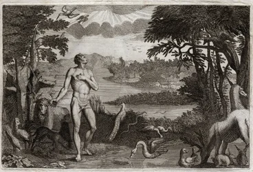 Royaumont Bible, Old Testament: Creation of Man and Woman. God who created man, puts him in the earthly Paradise, and forbids him to eat of the fruit of the tree of the knowledge of good and evil. Illustration from 1811.