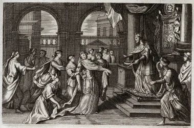 Royaumont Bible, Old Testament: Esther will present herself before King Xerxes I (Assuerus I), with the intention of saving her people from the death that threatened them. Illustration from 1811.