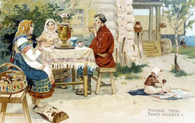 Russian family drinking tea around a samovar - chromo