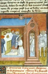 Consecration (Coronation) of Charlemagne (742 - 814) in 800 by Pope Leo III - illumination from a medieval manuscript (ref. 512, 089v). Request permission from the Municipal Library of Toulouse (tel.: 05 62 27 66 66)