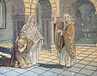 Saint Augustine of Hippo and his mother Sainte Monique facing Saint Ambrose in Milan, 387, Illustration from 