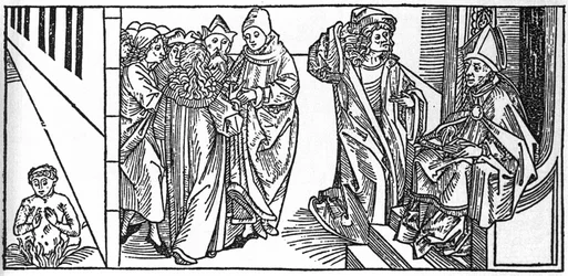 Saint Severin. Engraving from “Leben der Heiligen - sommerteil” (The book of the saint) by Jacobus (James) of Voragine (1228-1298). Lubeck 1488.