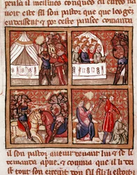 Scene of confrontation between two enemy camps, an execution at the bottom right. Page of a 14th century manuscript Biblioteca Marciana Venice
