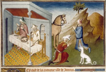 Scenes of anthropophagy and idolatry in Sumatra - Miniature from Marco Polo (1254-1324)