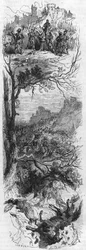 Scenes of battles: Louis XI gave a necklace to Raoul de Lannoi (1481), Combat de Therouanne (1480) and Marie de Bourgogne injured by a fall of a horse (1482) (19th century engraving)