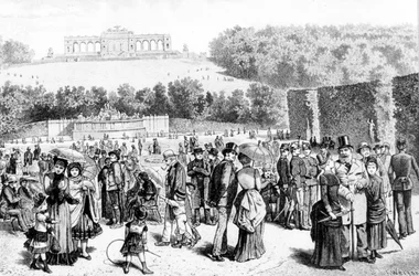 Schonbrunn Park, a complex of palaces and gardens located not far from Vienna, was the summer residence of the Habsburg family since the 18th century. Lithograph of the 19th century