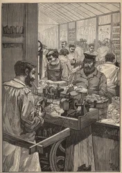 Sea squim: manufacture of sea squim pipes. Engraving from 1885 in 