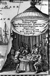 Sebastiano Caboto (Sebastien Cabot) represents on the cartridge of a navigation map with other navigators. The beginning of the 17th century