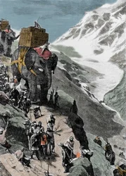 Second Punic War. The army of Hannibal Barca crossing the Alps, 218 BC. Italian engraving of the 19th century