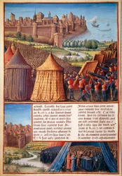 Second Crusade: view of the siege of Ascalon in 1153 by Baldwin III (1131-1162). Miniature from “Les passages faits Outremer par les Français contre les Turks et autres Sarrazins et Moures Outremarine” by Sebastien Mamerot