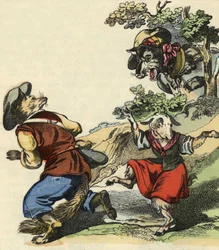 Seeing the wolf, Master Fox fled, leaving Little Chevrette in danger. Illustration of the tale 