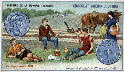 Series Histoire de la Monnaie Française published by Chocolat Guérin Boutron. Chromolithography 19th century. Silver denier of Clovis II in 638