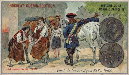 Series Histoire de la Monnaie Française published by Chocolat Guérin Boutron. Chromolithography 19th century. Liard from France. Louis XIV in 1687