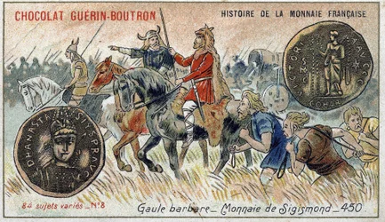Series Histoire de la Monnaie Française published by Chocolat Guérin Boutron. Chromolithography 19th century. Barbarian Gaul. Sigismond currency