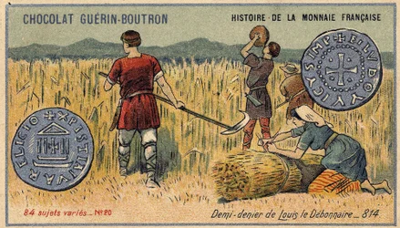 Series Histoire de la Monnaie Française published by Chocolat Guérin Boutron. Chromolithography 19th century. Half denier of Louis the Debonnaire in 814