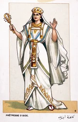 Series of chromolithographs of opera costumes on the occasion of the first representation of Aida by Giuseppe Verdi: the priestess of Iside. 1872