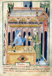 Shop with butter bread and two women, illustration from Tacuinum sanitatis