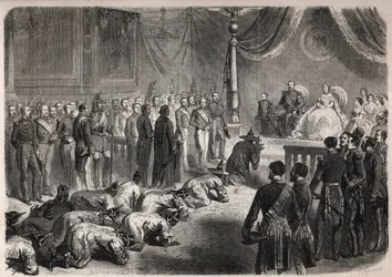 Siam Ambassadors Crawl Towards the French Imperial Family During a Solemn Audience in Fontainebleau in the Presence of Napoleon III and Eugenie