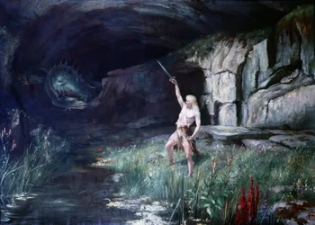 Siegfried, facing the dragon Fafner, waved his sword. Stage of the Opera 