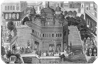 Sikhism: view of the Golden Temple (Harmandir Sahib), the cultural center of Sikh religion, the basin and the city of Amritsar in the state of Indian Panjab (Kingdom of Lahore). In The picturesque store 1836