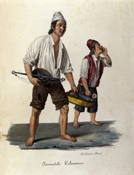 Small street trade: sellers of walking fish. Sicily engraving of the 19th century