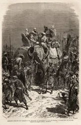 Solemn meeting and hand-held on the back of an elephant, between the team of travelers and the Maharajah of Chutterpore, at the fair of Kajraha. Engraving to illustrate the voyage in India of the Rajahs, by Louis Rousselet, in 1864-1868, published in “Le t