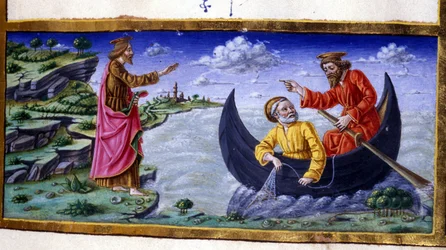 St. Peter: Fishing on Lake Tiberias. Miniature of the 15th century. Milan, Biblioteca Trivulziana.