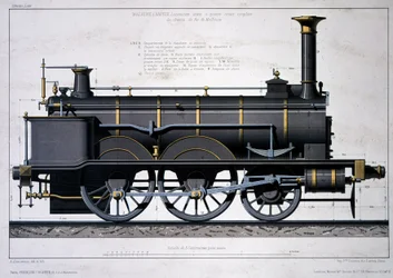 Steam locomotive of the Mulhouse Railway - drawing in the wash