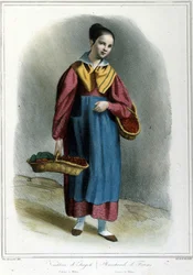 Strawberry saleswoman. Engraving from 