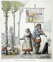 Street Musicians, Begging Children - Lithography
