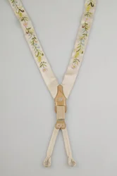 Suspenders, c.1880, Emroidered white satin, leather, silver, Maker unknown