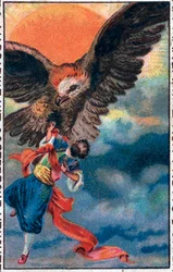 Take off by an eagle. The wonderful adventures of Sinbad the sailor. Popular tale of 1001 nights. Chromolithography of the late 19th century.
