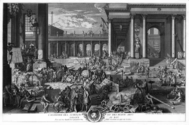 The Academy of Sciences and Fine Arts Dedicated to the King. By His Very Humble and Very Faithful Servant and Subject Seb. the Clerk. Engraving by Sebastien Leclerc, The Elder