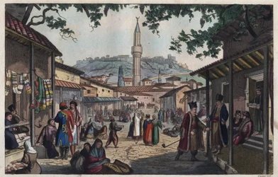 The Athens bazaar market in the early 19th century - engraving from "Usi e Costumi di Tutti i Popoli dell