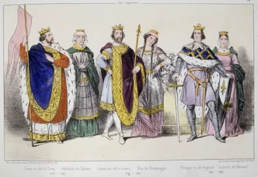The Capetians. From Left to right: Louis VI called the Fat (1081 - 1137), Adelaide or Alix de Savoie (? -1154), Louis VII called the Young (1120 - 1180), Alix de Champagne (1140-1206), Philip II called Augustus (1165-1223) and Isabelle de Hainaut (1170-119