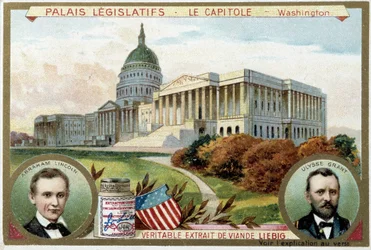 The Capitol, American Congress Palace, Washington (USA), with portraits of Abraham Lincoln and Ulysses Grant - Liebig chromolithography