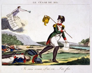 The Caesar of 1815 - I came, I saw... I ran away. Cartoon about Napoleon I fleeing the battlefield where the dead French soldiers are spread out. Engraving 1815 - Napoleon Bonaparte (15 August 1769 - 5 May 1821) was a French military and political leader