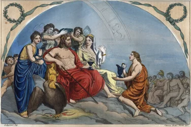 The Council of the Gods or Assembly of the Gods: Zeus on Olympus surrounded by deities - Olympus engraving from “Usi e Costumi di Tutti i Popoli dell