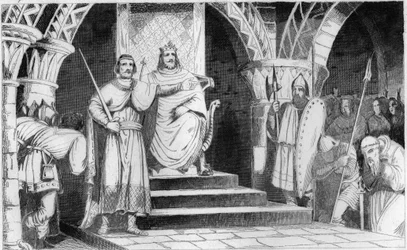 The Crowning of Chilperic II (670-721) - Chilperic II (670-721) is placed on the throne by Ragenfrid (Ragenfred), mayor of the palace of Neustria, in 715 - Engraving of 1825 in “History of France Represented by Synoptic Paintings, Dedicated to the
