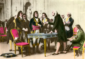 The Italian physicist Alessandro Volta (1745-1827) presents his pile to Napoleon Bonaparte. 1801